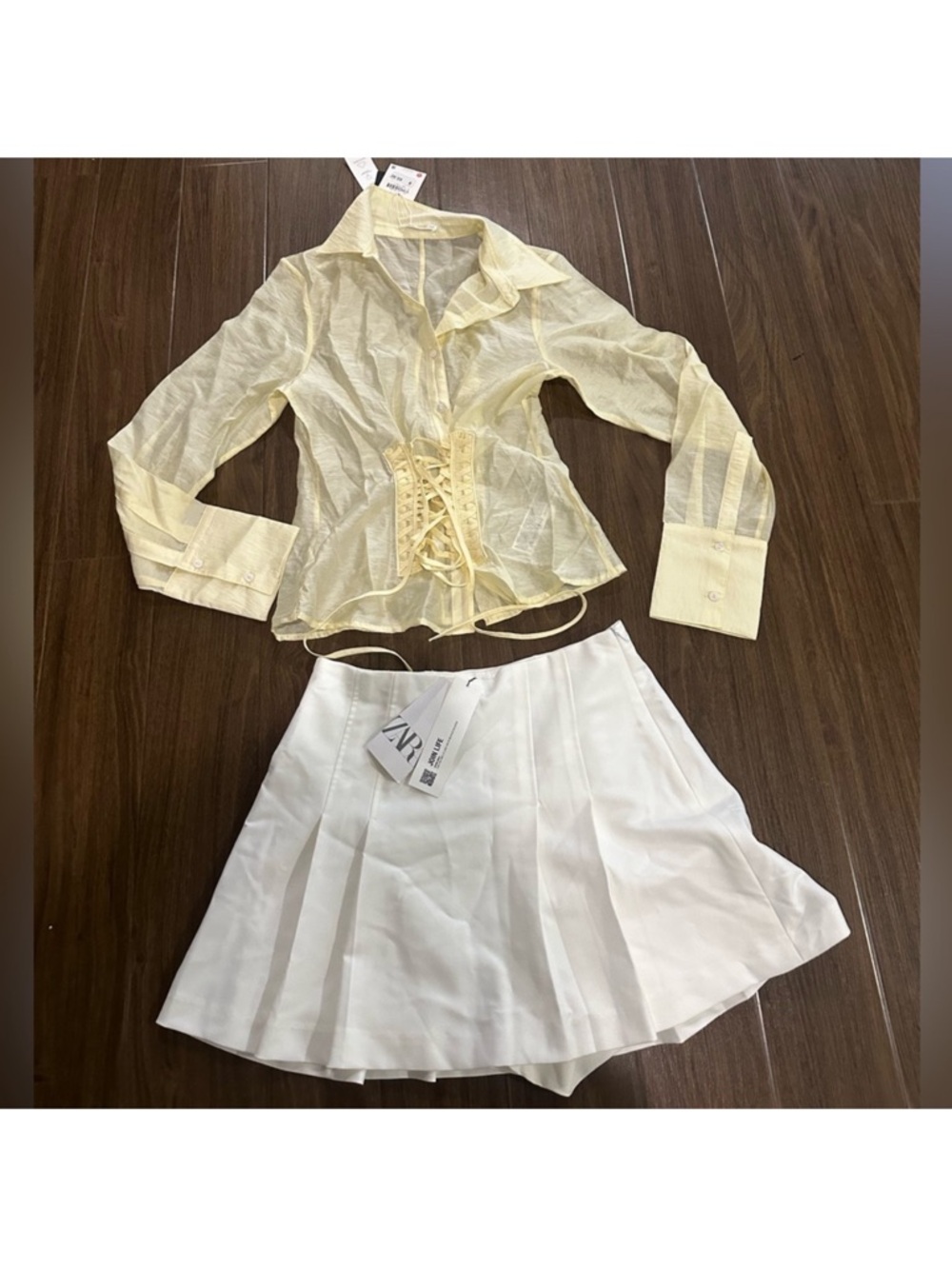 Zara Pale Yellow Lace-Up Sheer Blouse & White Pleated Skirt Set